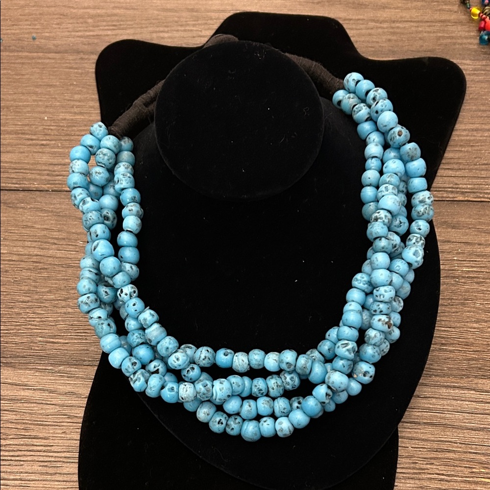 Beaded Necklace large statement piece turquoise color sand cast glass beads GUC